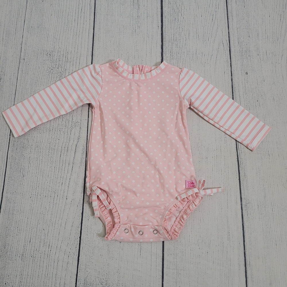 RuffleButts 12-18m Swimsuit Baby Girl Pink Polka Dot Striped Long Sleeve Ruffle